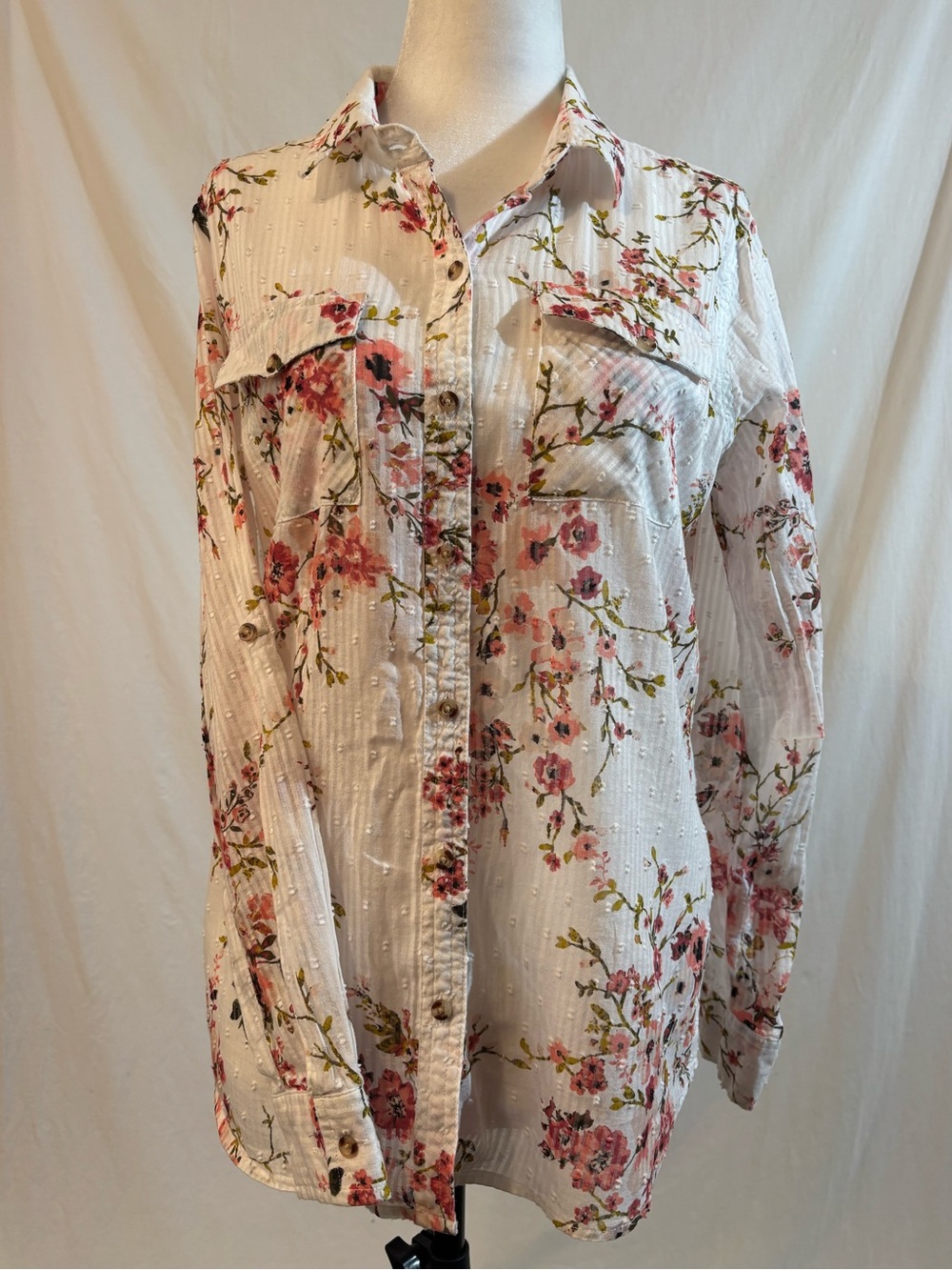 Eden & Olivia Small Floral Swiss Dot Cotton Button Down Blouse Cottagecore Small